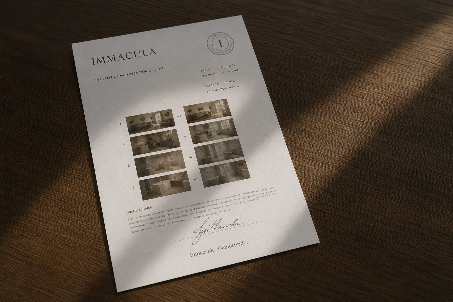 Informe de intervención urgente de IMMACULA, con la hora de llegada y la de entrega
