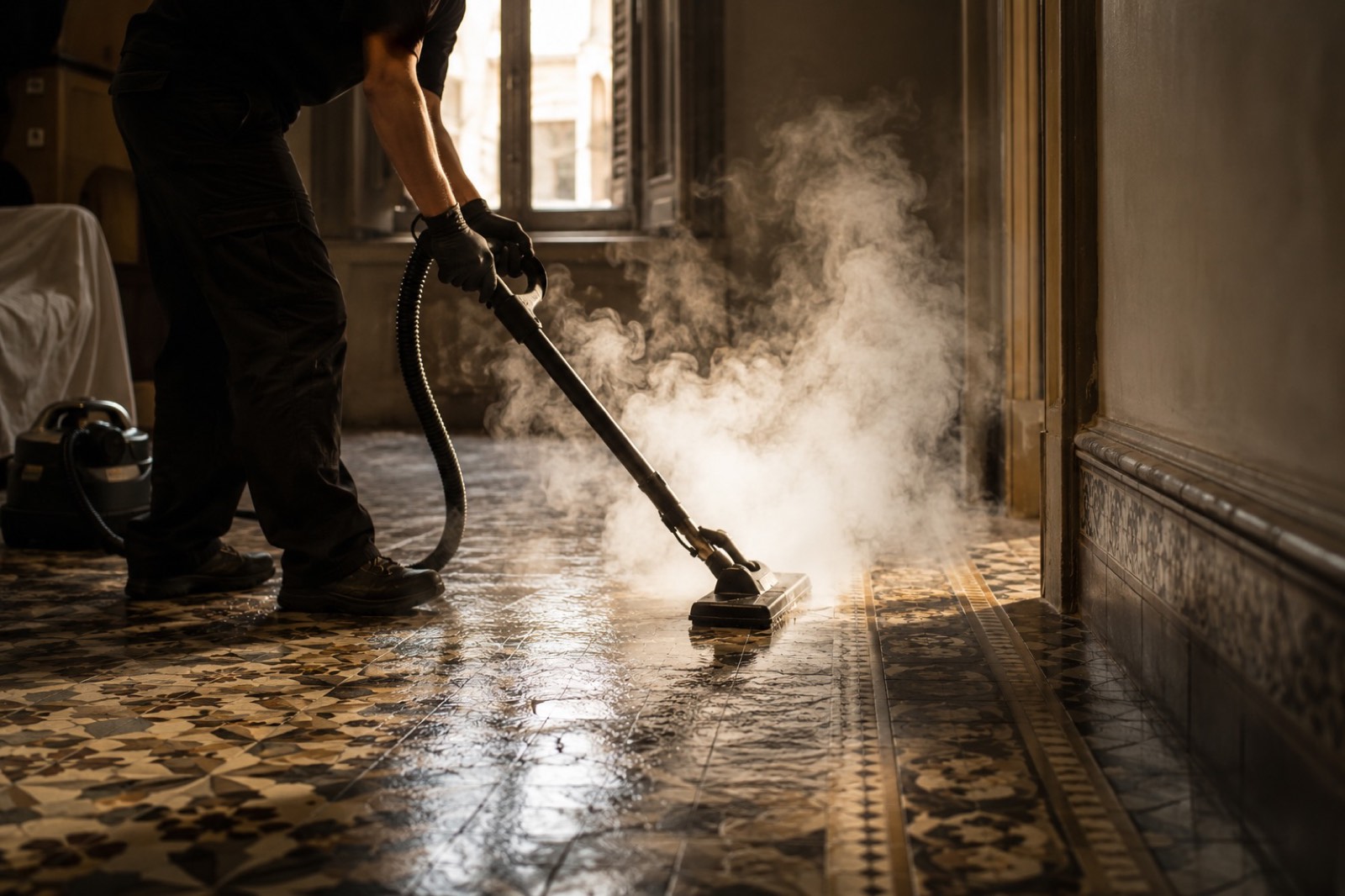 Técnico de IMMACULA limpiando con vapor un suelo hidráulico, con el vapor iluminado a contraluz