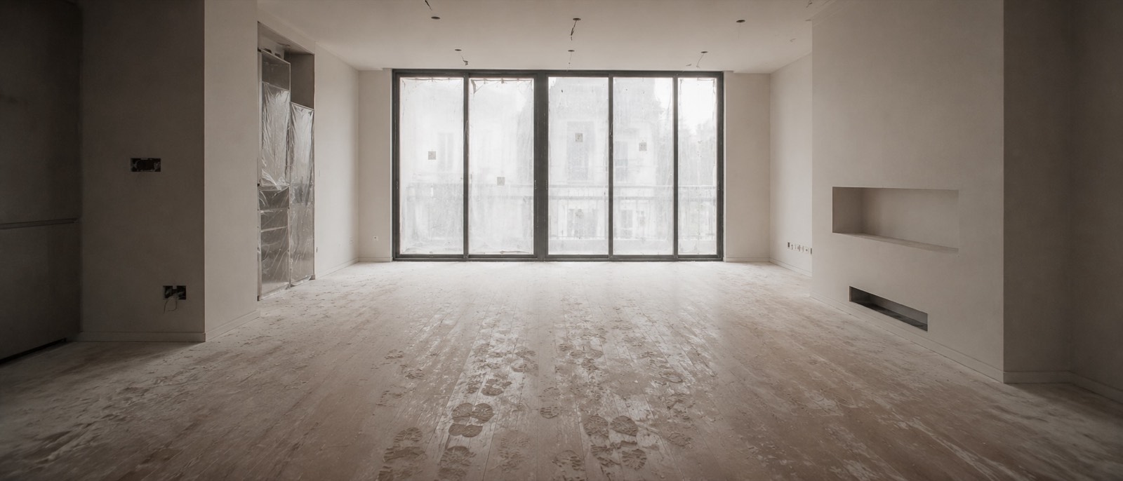 Salón recién reformado con polvo de obra sobre todas las superficies