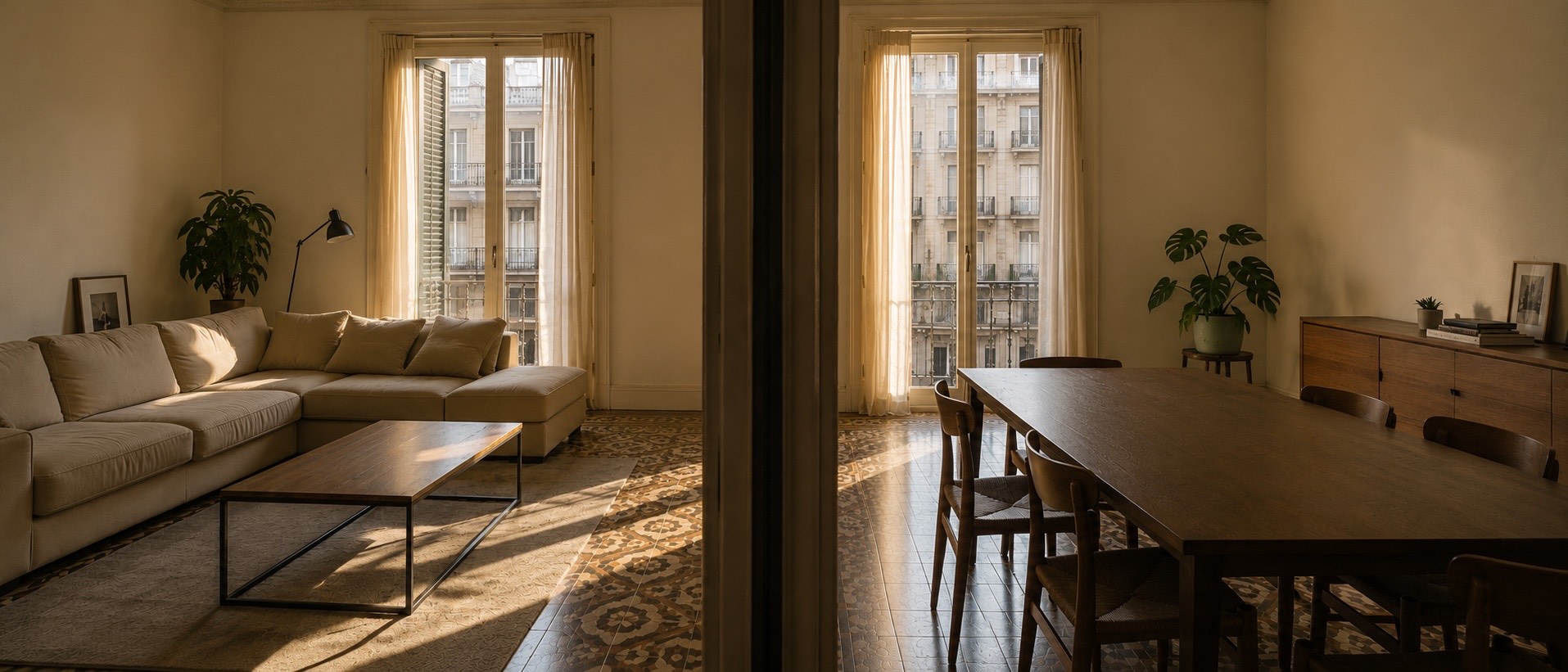 El mismo salón recogido e impecable la misma tarde, con la luz ya vencida