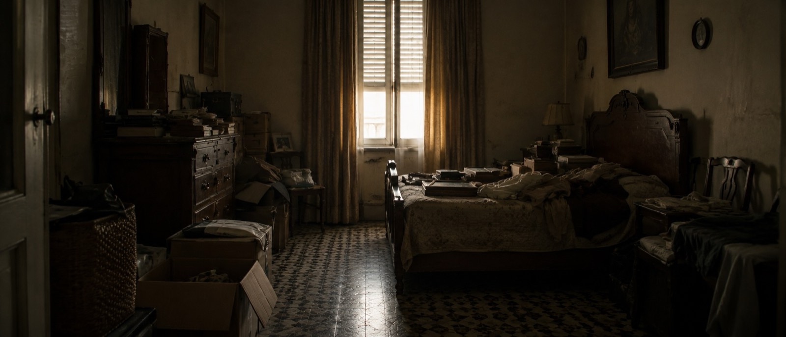 Salón de un piso cerrado durante años, con enseres acumulados